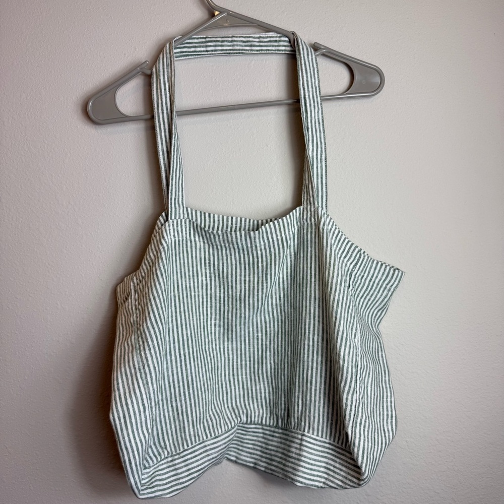 Garnet Hill 100% Linen Tote Farmer’s Market Shoulder Bag Green White Stripe